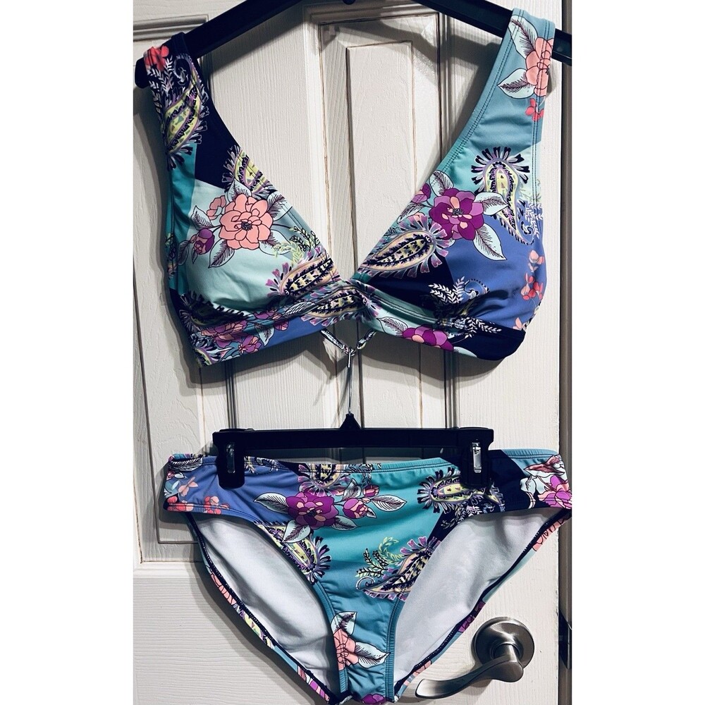 APT. 9 TWO PIECE SWIMSUIT L TOP XL BOTTOM AQUA NAVY PURPLE FLORAL PAISLEY EUC